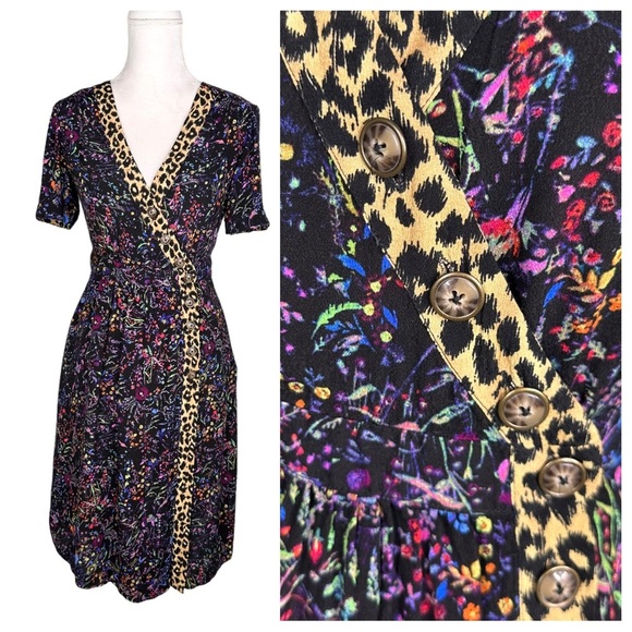 Anthropologie Maeve floral animal print Morgan dress v-neck buttons leopard 6 - Picture 3 of 16